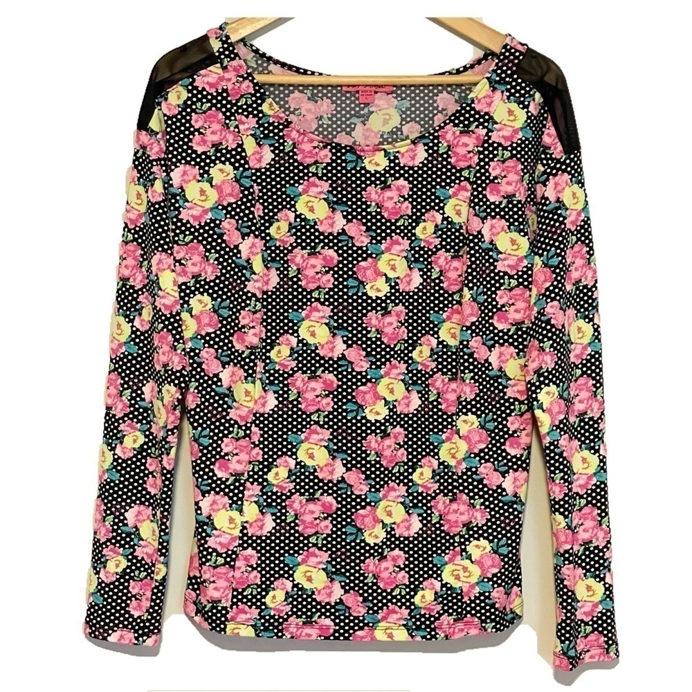 Betsey Johnson Polka Dot Floral Princess Cut Top Coquette Pin Up Statement Top
